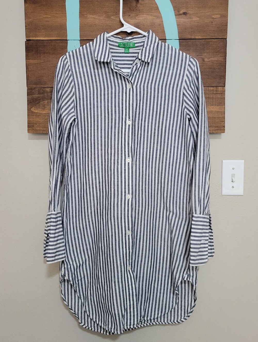 J.Crew Striped Coastal Button-Down Linen Blend Shirt Dress in Gray & White Xxs